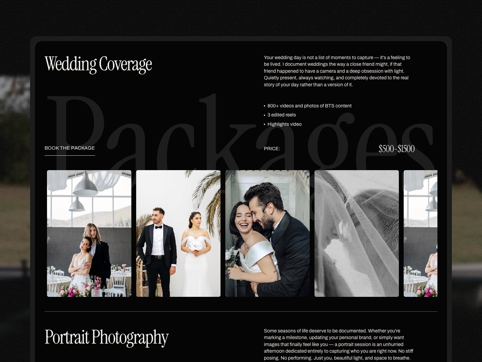 Aperol wedding photography website services section preview