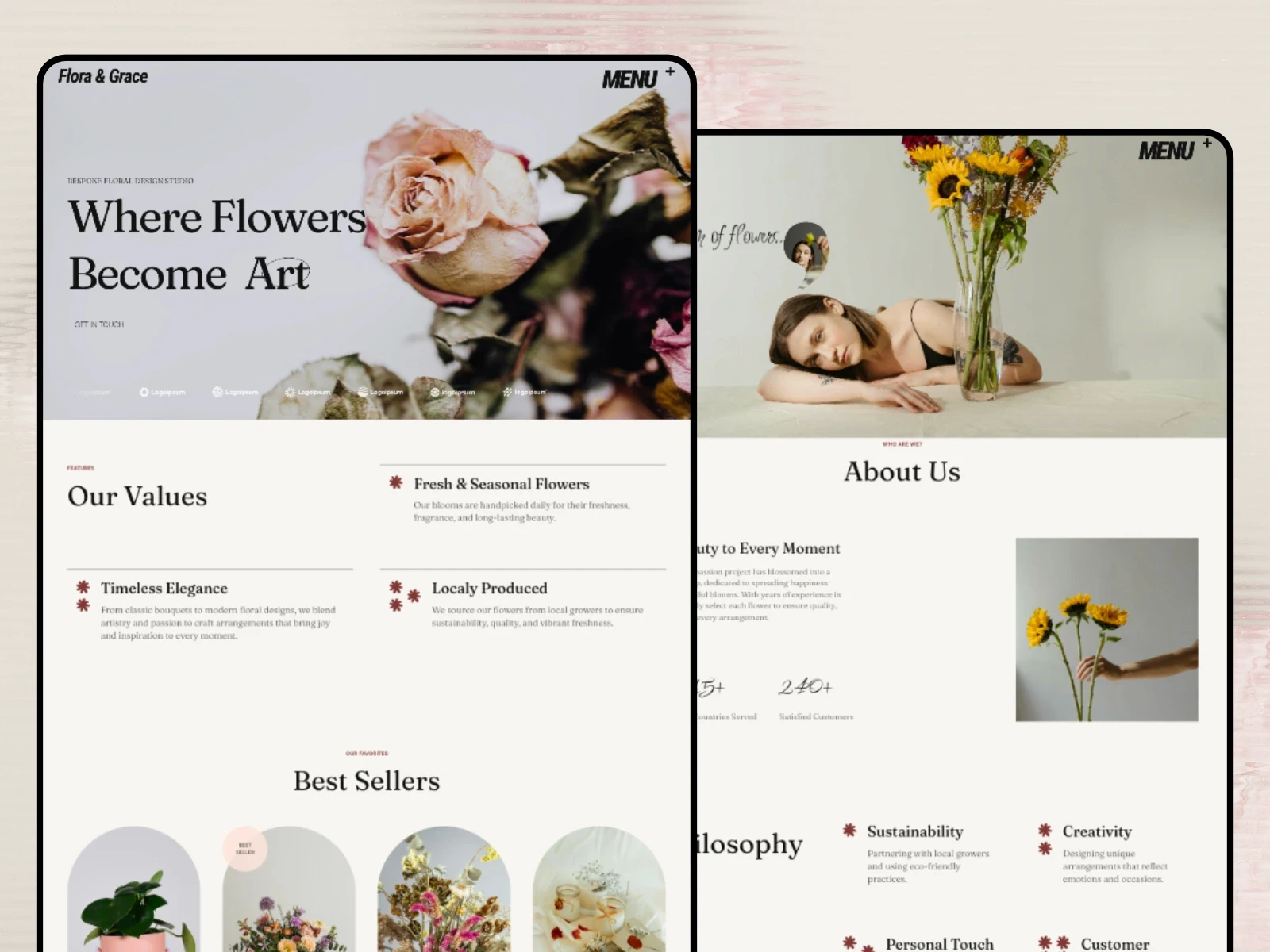 Flora&Grace is a Framer portfolio website template for photographers, flower designers, florists and creative businesses.
